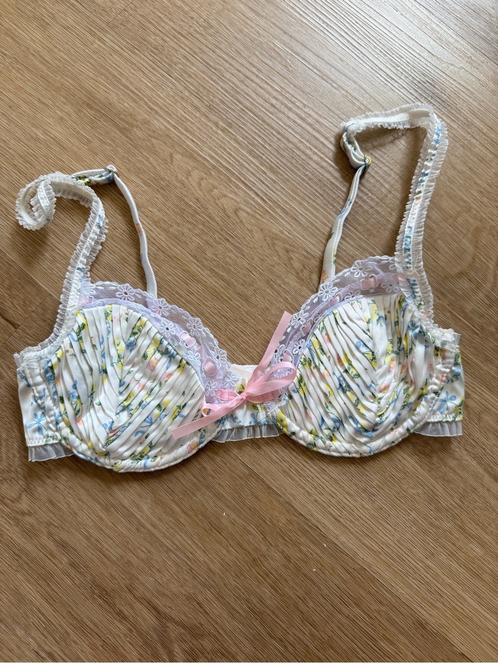 For Love And Lemons Charlotte White Floral Underwire Bra with Pink Bow